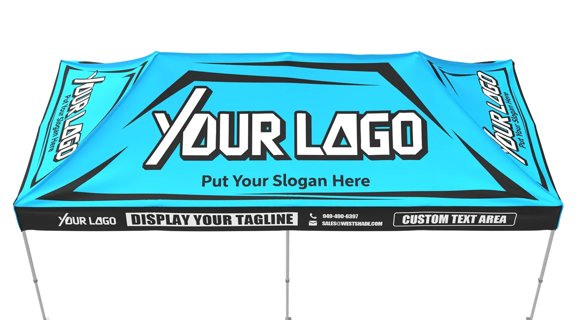 Custom 10x20 canopy tent design template showing logo and slogan placement options.