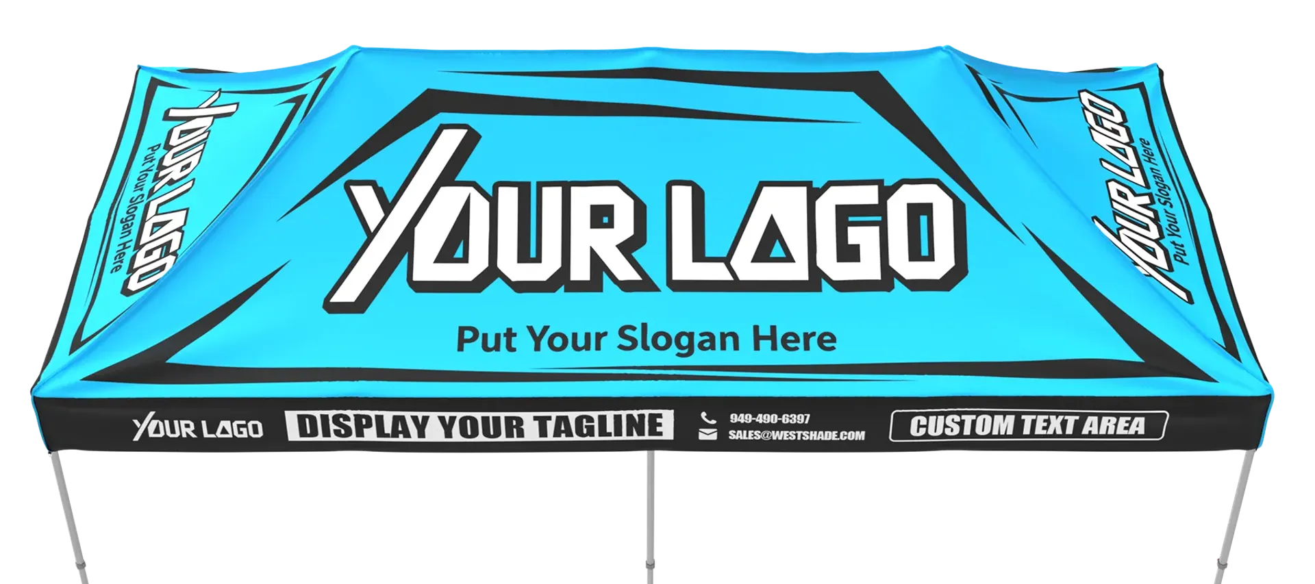 Custom 10x20 canopy tent design template showing logo and slogan placement options.