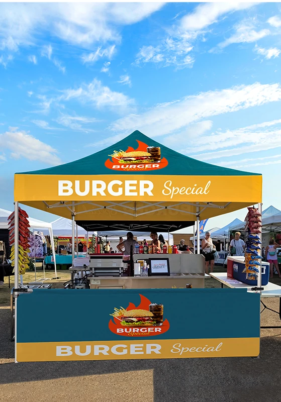 Custom canopy tent with 'BURGER Special' branding used as a food booth at an outdoor market, featuring printed back and front walls