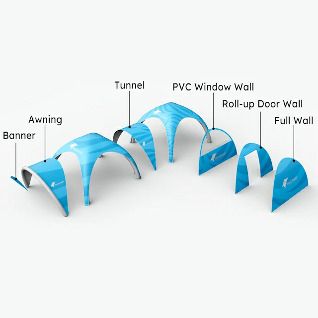 Custom canopy tent with different types of sidewalls including half mesh wall, mesh window, mesh wall, full wall, roll-up wall, and half wall with branding.