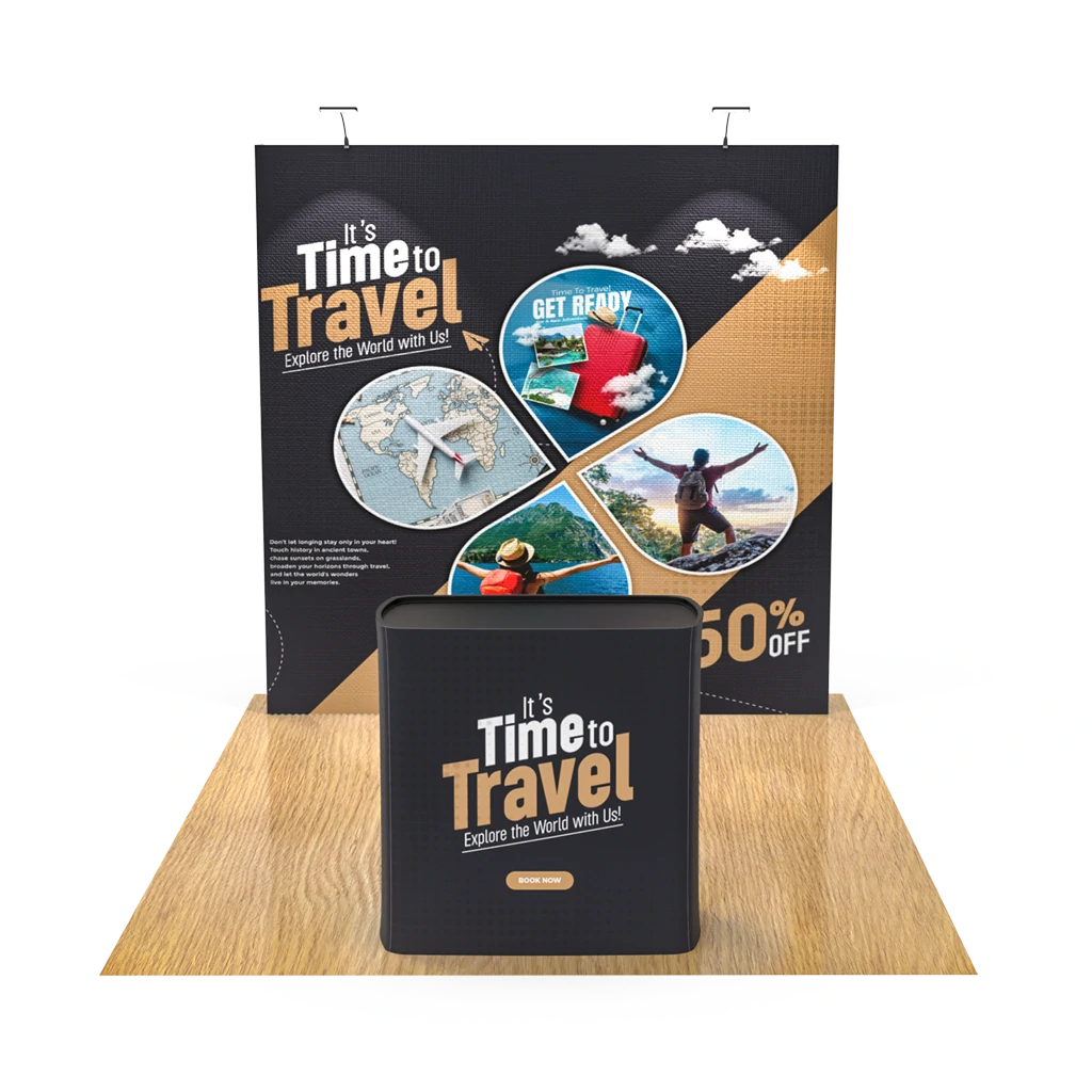 Straight Pop Up Display (Frame*1 + Print Fabric*1) + Podium + 2 LED Light