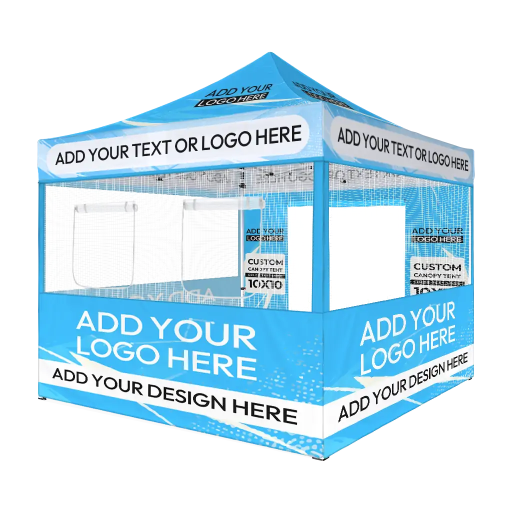 Custom Printing Tent Package – 07 has print full roof with four valances and four peaks. Customers have choices of various sizes, printing methods in either dye sublimation printing for Y5/Y6/Y7 or uv printing for Y6/Y7