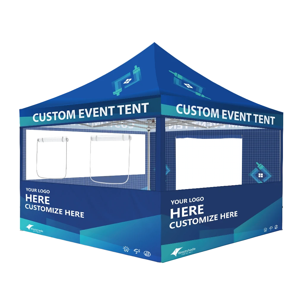 Custom Printing Tent Package – 07 has print full roof with four valances and four peaks. Customers have choices of various sizes, printing methods in either dye sublimation printing for Y5/Y6/Y7 or uv printing for Y6/Y7