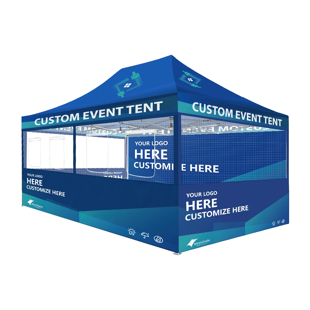 Custom Printing Tent Package – 07 has print full roof with four valances and four peaks. Customers have choices of various sizes, printing methods in either dye sublimation printing for Y5/Y6/Y7 or uv printing for Y6/Y7