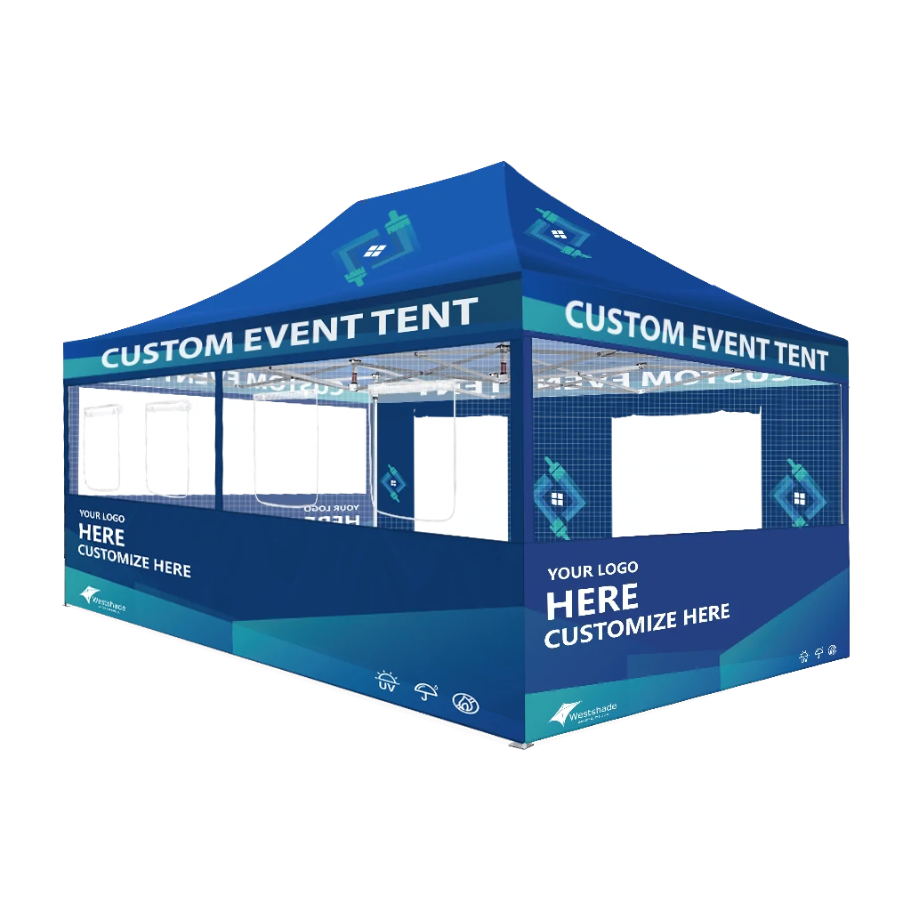 Custom Printing Tent Package – 07 has print full roof with four valances and four peaks. Customers have choices of various sizes, printing methods in either dye sublimation printing for Y5/Y6/Y7 or uv printing for Y6/Y7