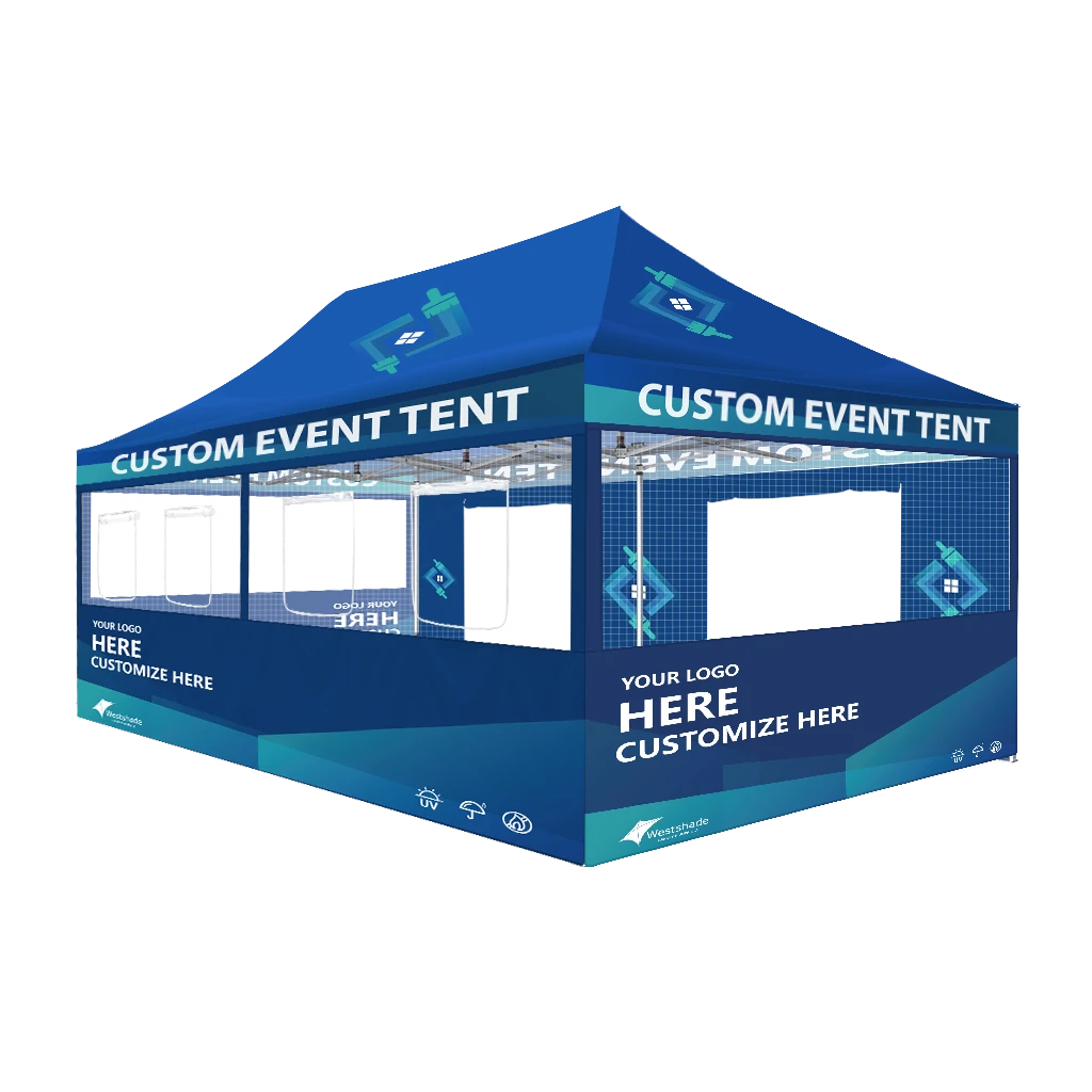 Custom Printing Tent Package – 07 has print full roof with four valances and four peaks. Customers have choices of various sizes, printing methods in either dye sublimation printing for Y5/Y6/Y7 or uv printing for Y6/Y7