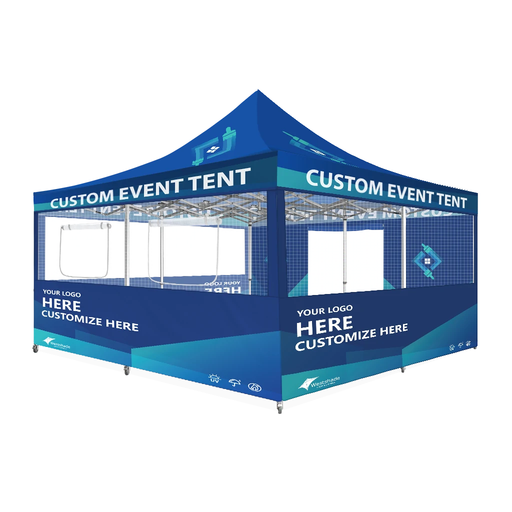 Custom Printing Tent Package – 07 has print full roof with four valances and four peaks. Customers have choices of various sizes, printing methods in either dye sublimation printing for Y5/Y6/Y7 or uv printing for Y6/Y7