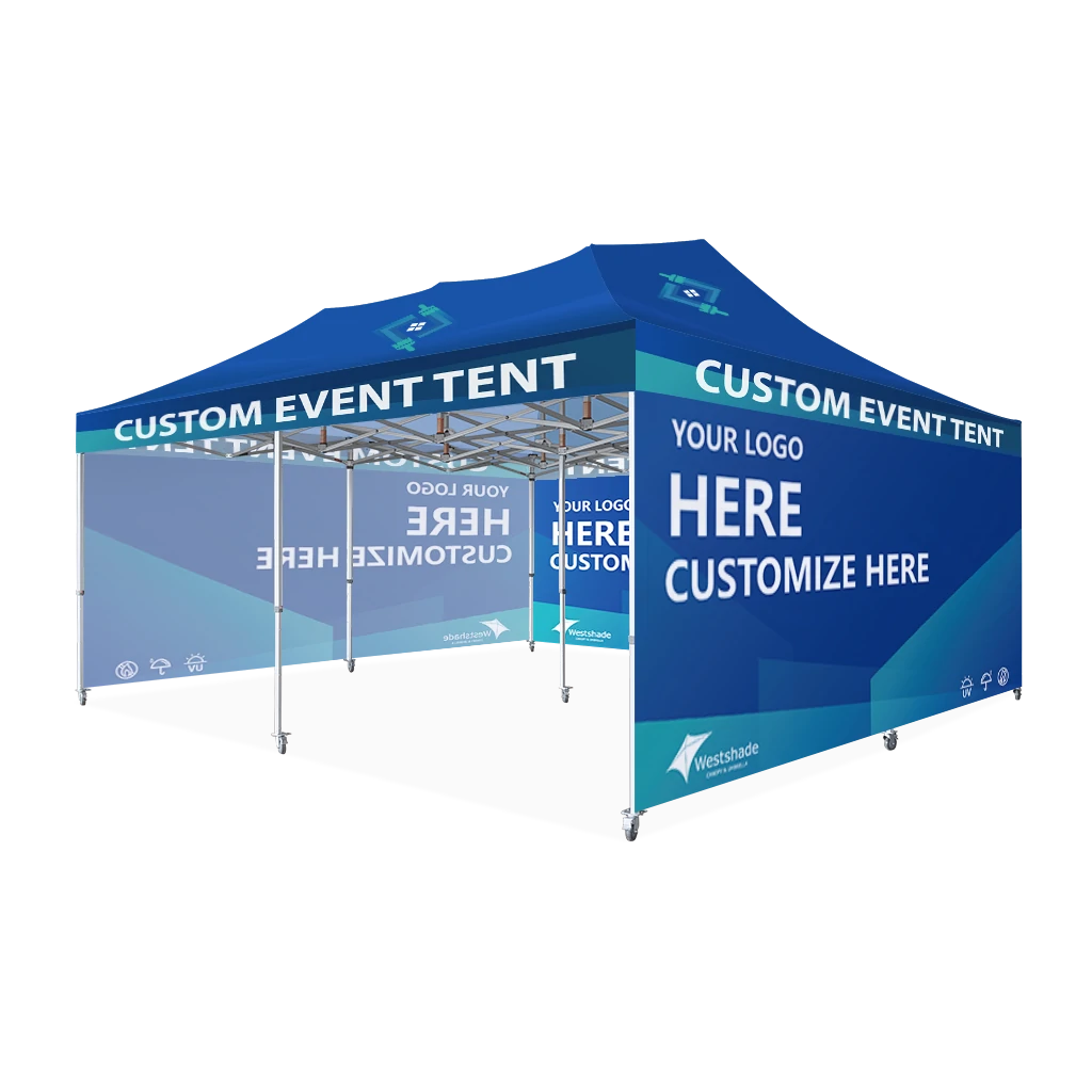 Custom Printing Tent Package – 07 has print full roof with four valances and four peaks. Customers have choices of various sizes, printing methods in either dye sublimation printing for Y5/Y6/Y7 or uv printing for Y6/Y7