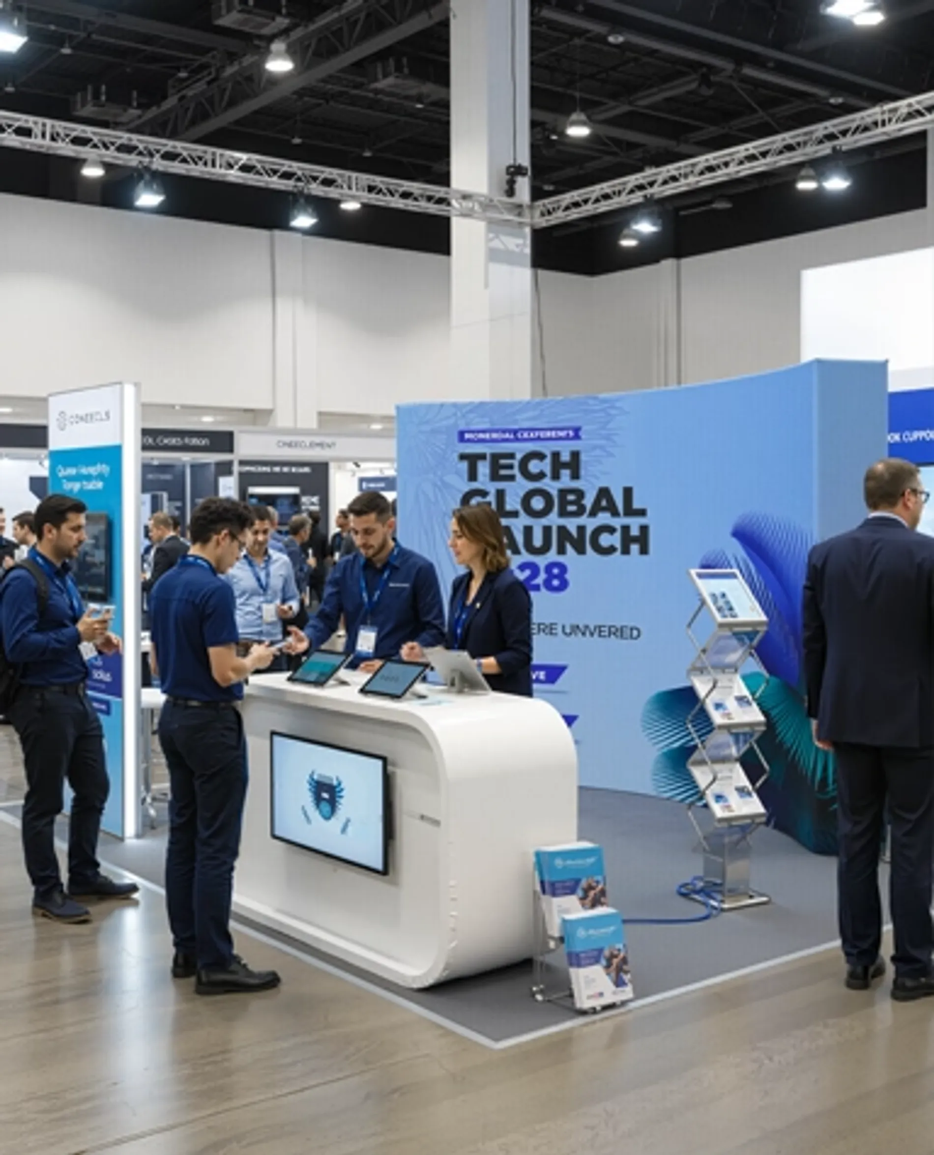 Professional curved pop up display booth, featuring a modern counter and staff demonstrating digital products on tablets.