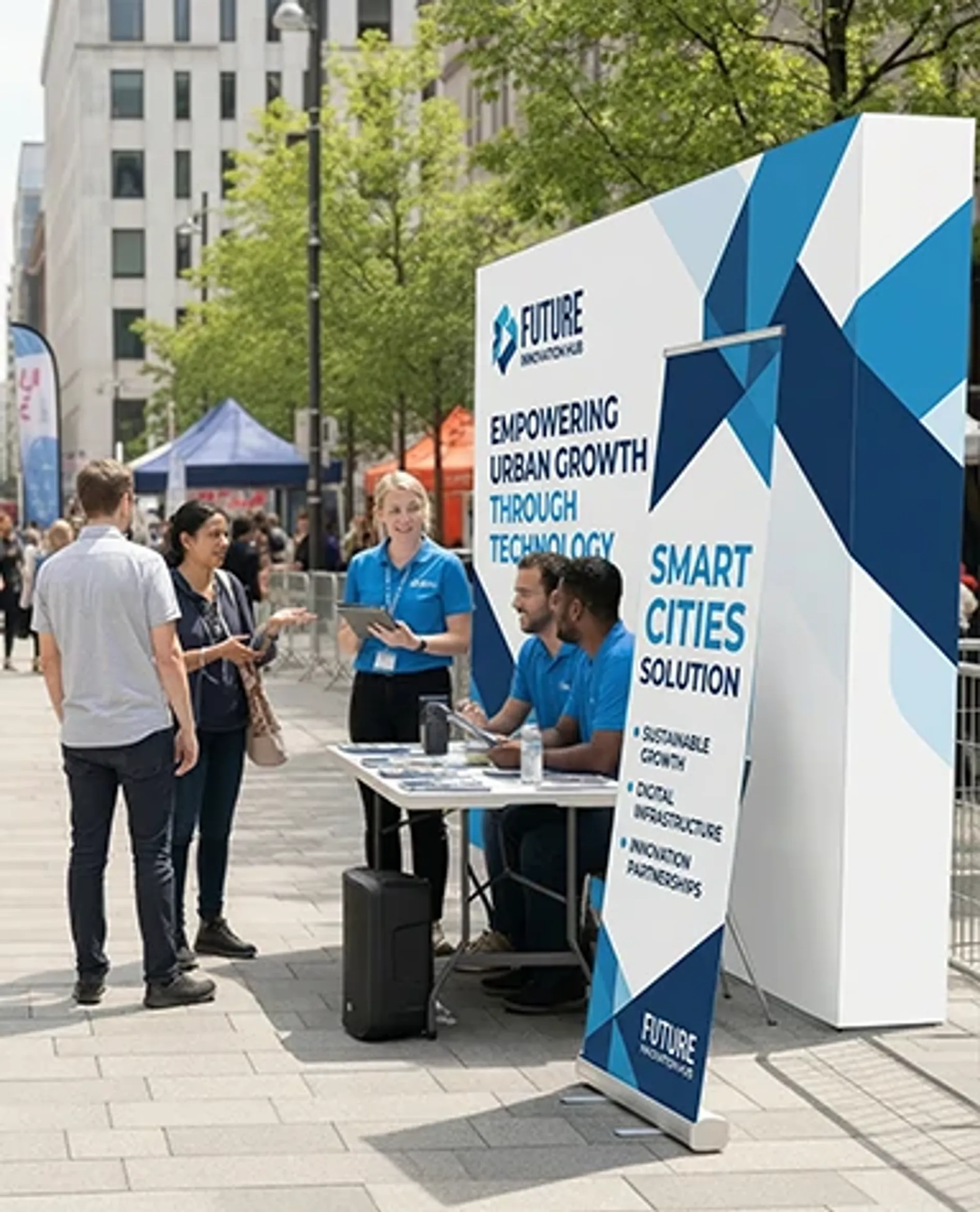 Outdoor straight pop up display booth, featuring branded roll-up banners