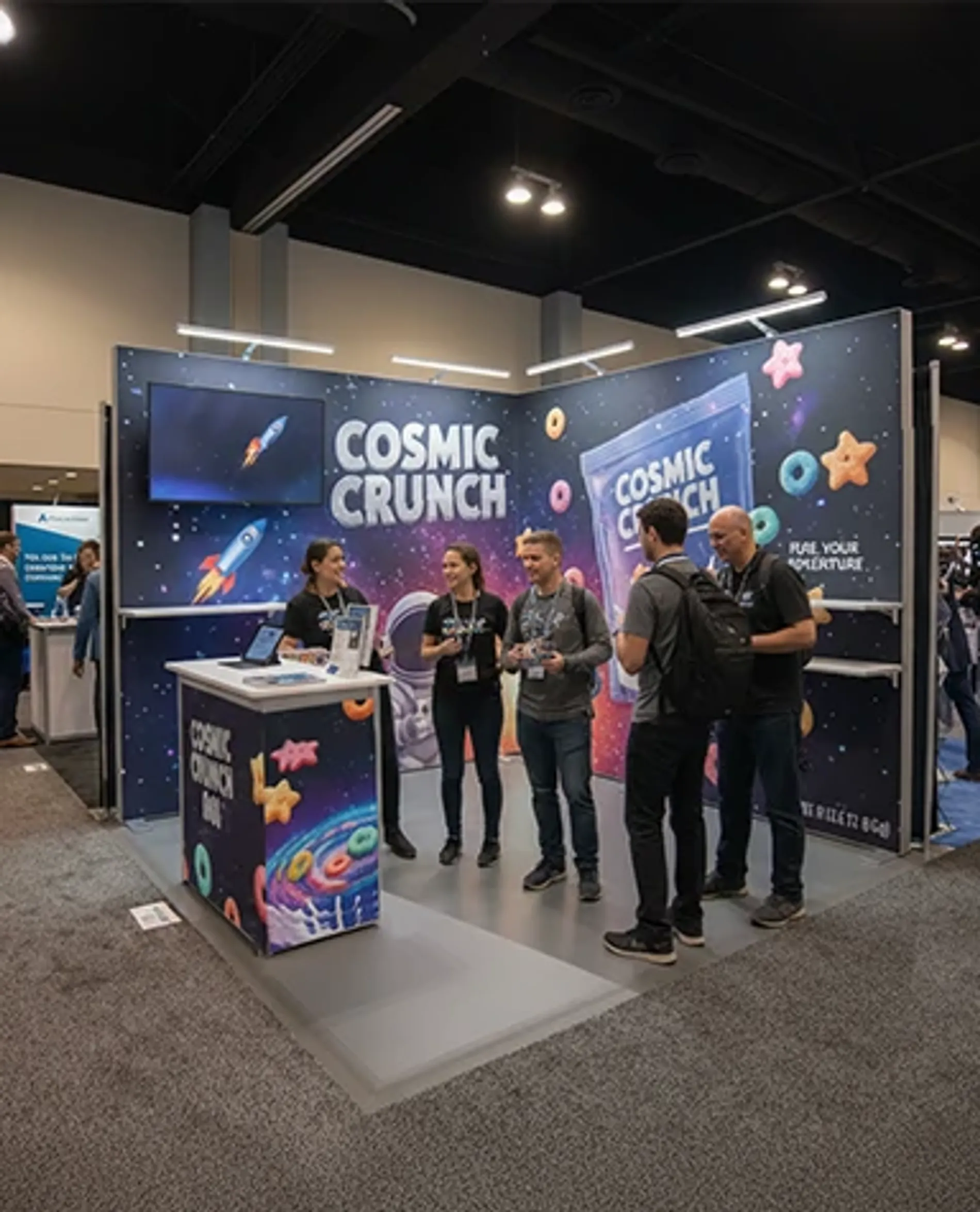 Event check-in station with a custom printed backdrop, part of a professional event design package.