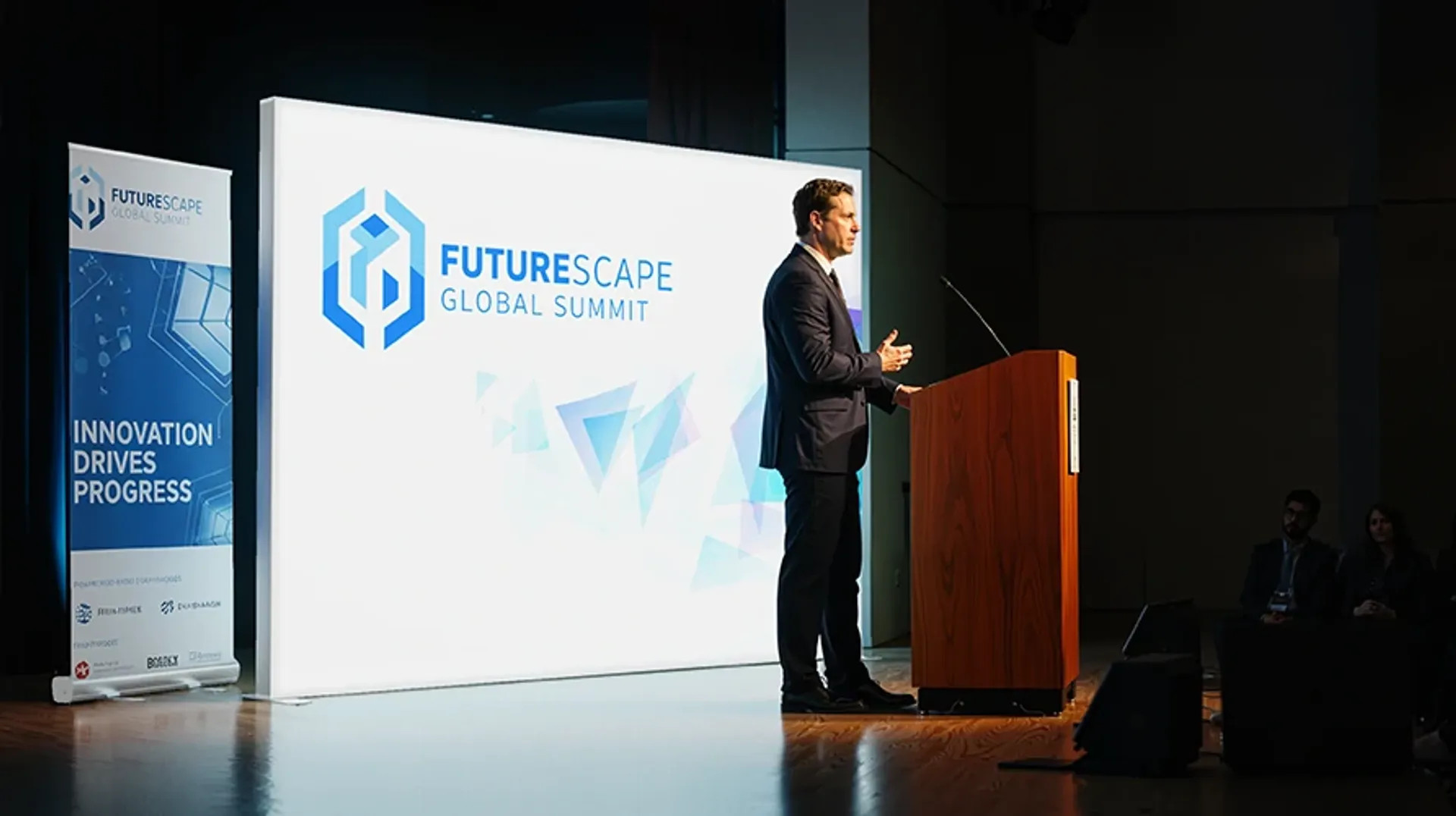 Large custom event backdrop providing professional branding for a global summit keynote speaker.