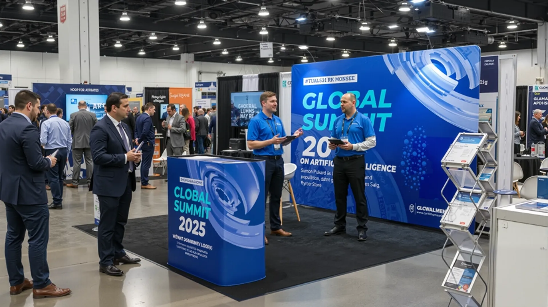 Professional custom 10x10 booth setup with a printed backdrop and branded counter for trade shows.