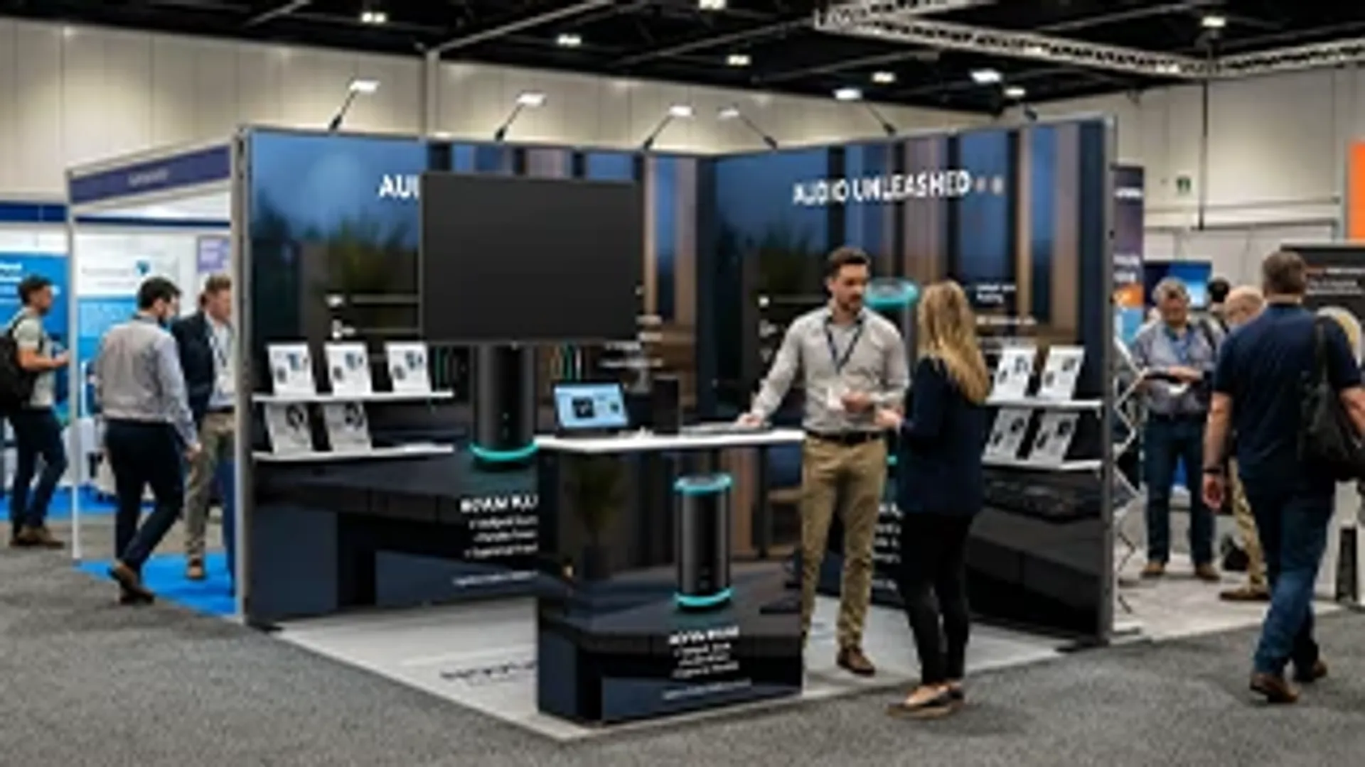 Custom 10x10 trade show booth display featuring integrated digital screens and branded graphics.