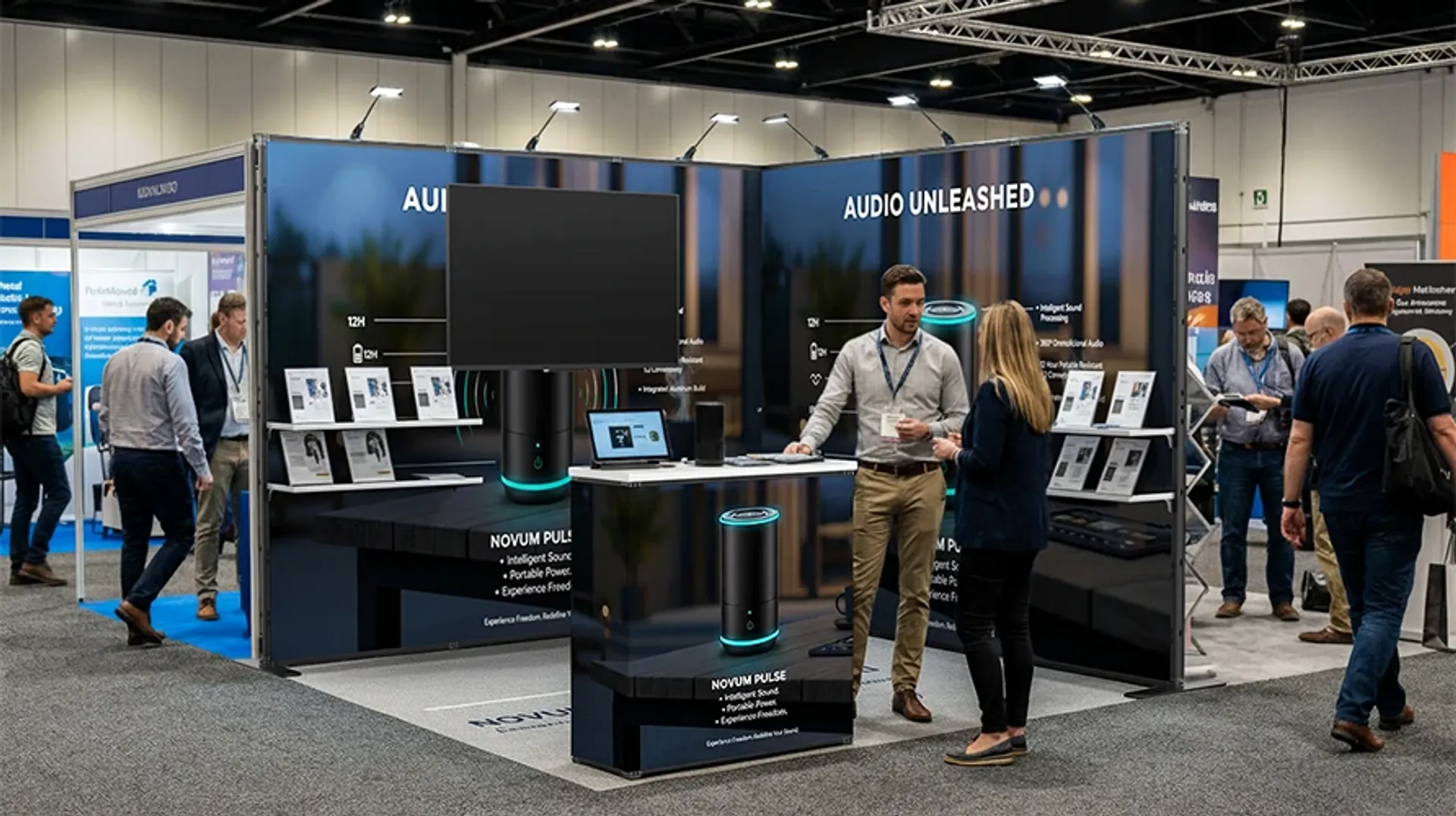 Custom 10x10 trade show booth display featuring integrated digital screens and branded graphics.